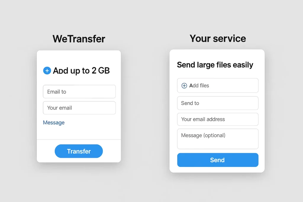 Side-by-side comparison of the WeTransfer file upload interface and a custom file transfer service UI, both showing fields for email input, file upload, and optional messaging.