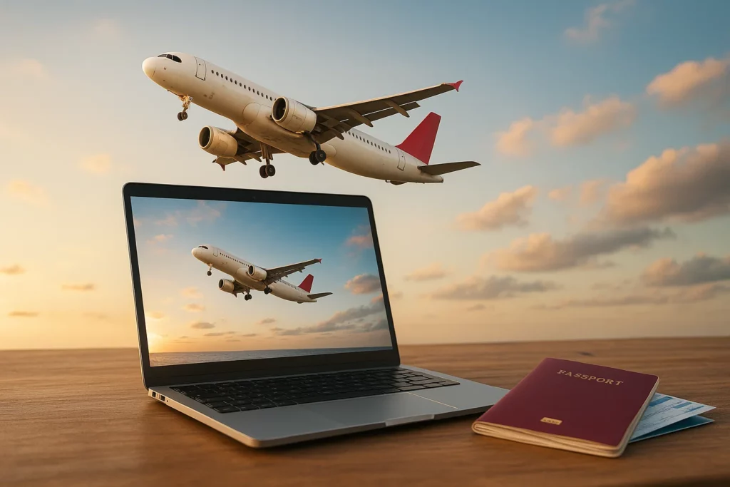A commercial airplane flying over a laptop screen showing the same aircraft, with a passport and boarding pass beside it on a wooden table, symbolizing online travel booking.