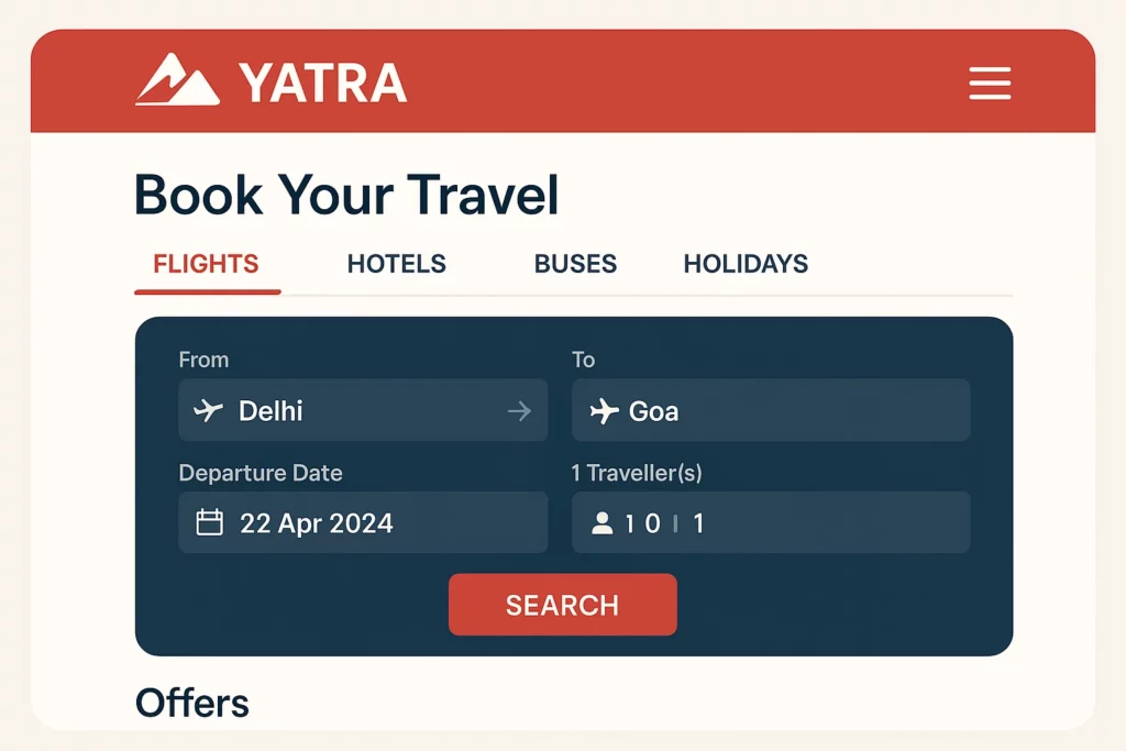 A travel booking interface from the Yatra website displaying options to search for flights, hotels, buses, and holidays, with flight details filled in for a journey from Delhi to Goa on April 22, 2024, for one adult traveler.