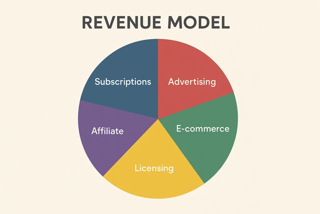 A colorful pie chart labeled “Revenue Model” displaying five segments: Subscriptions, Advertising, E-commerce, Licensing, and Affiliate, each represented in a different color.