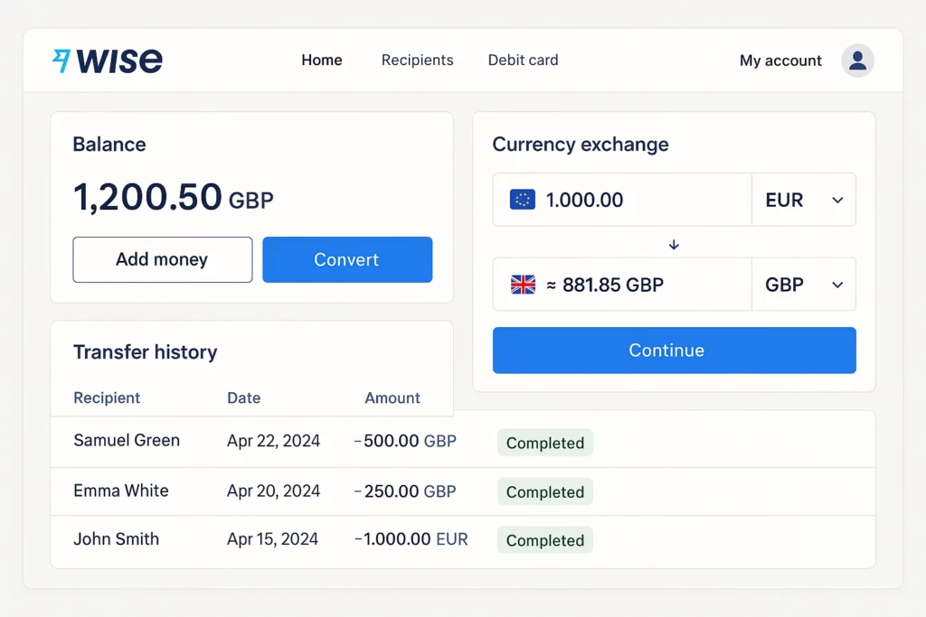 Screenshot of the Wise app dashboard showing a balance of 1,200.50 GBP, currency exchange from 1,000 EUR to approximately 881.85 GBP, and a transfer history with completed transactions to Samuel Green, Emma White, and John Smith.