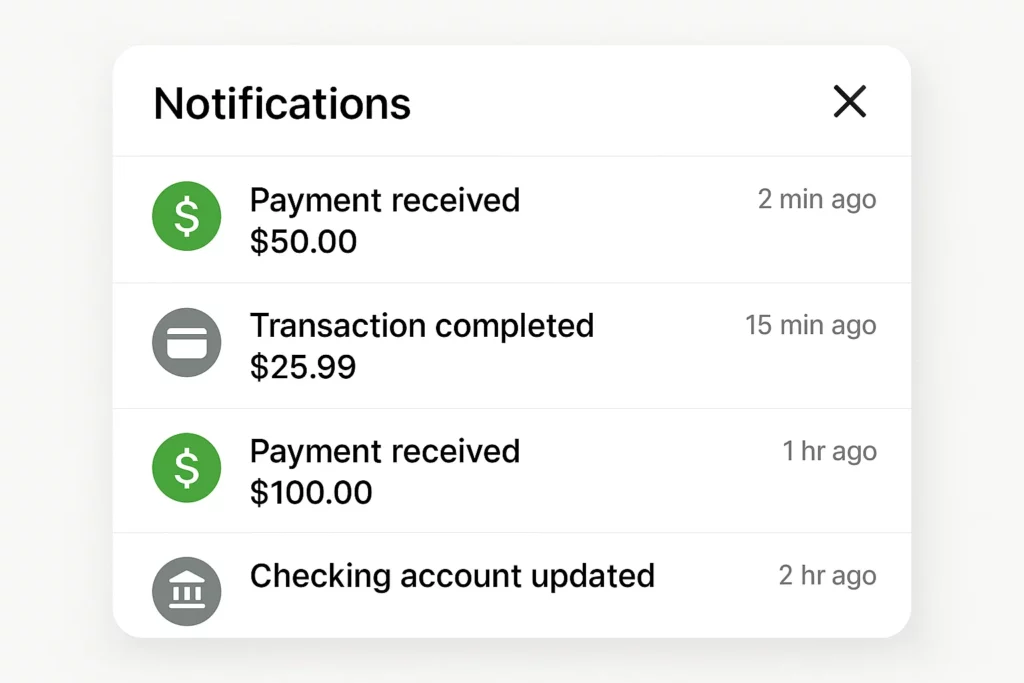 Mobile banking app notification panel displaying recent updates including two payments received ($50.00 and $100.00), one completed transaction ($25.99), and a checking account update — each with a timestamp ranging from 2 minutes to 2 hours ago.