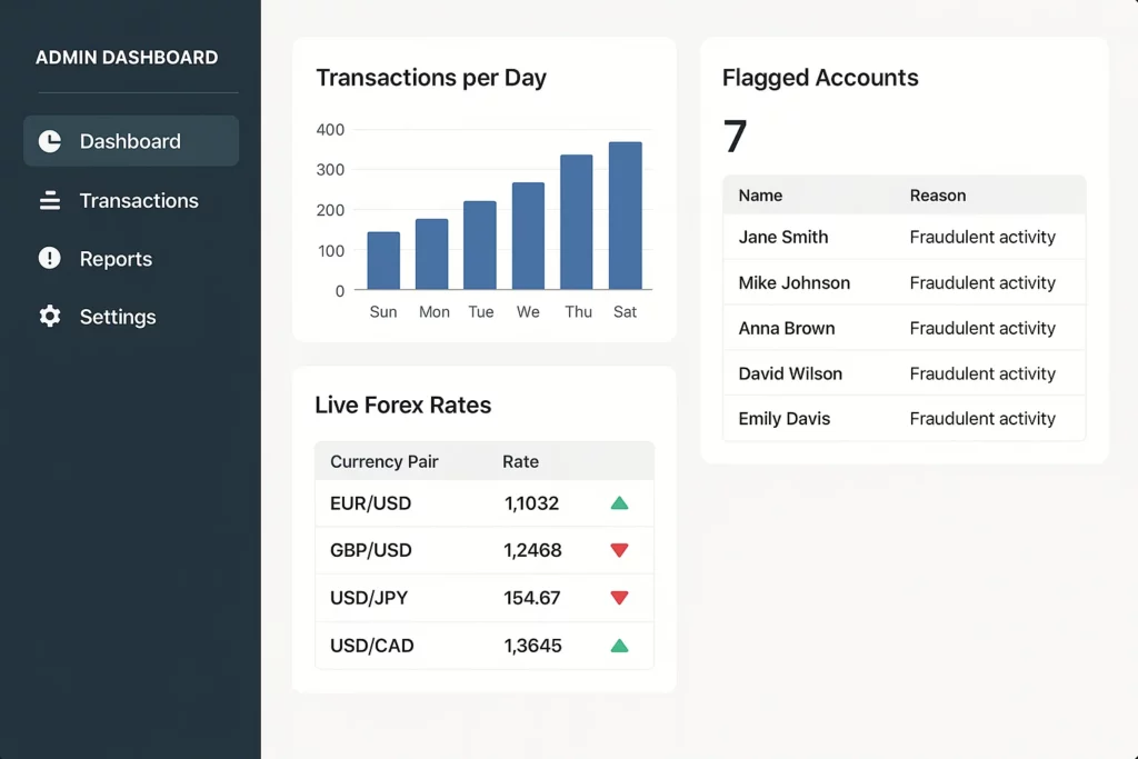Admin dashboard interface displaying key metrics including a bar chart of transactions per day, a table of seven flagged accounts for fraudulent activity, and live forex rates for major currency pairs like EUR/USD and GBP/USD.