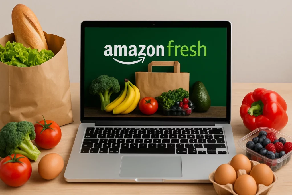 AmazonFresh grocery delivery concept shown on a laptop screen with fresh fruits, vegetables, eggs, and bread on a table.