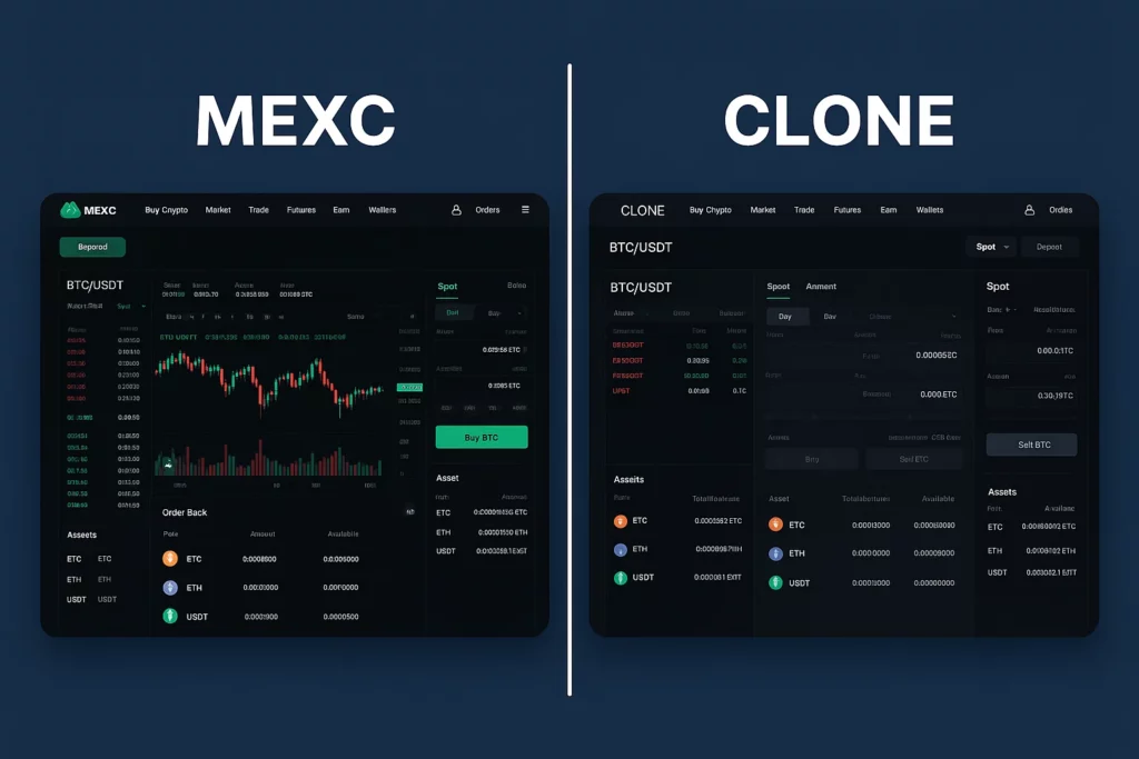 Side-by-side comparison of the original MEXC trading platform interface and its clone version, both displaying crypto trading dashboards for BTC/USDT.