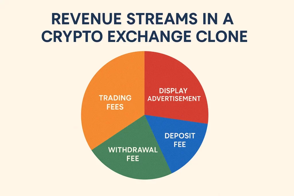 Pie chart illustrating the various revenue streams in a crypto exchange clone, segmented into trading fees, withdrawal fee, deposit fee, and display advertisement.