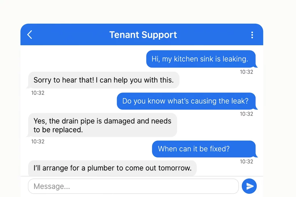 Mobile chat interface showing a conversation between a tenant and support agent discussing a leaking kitchen sink; the support agent confirms the issue is a damaged drain pipe and schedules a plumber for the next day.