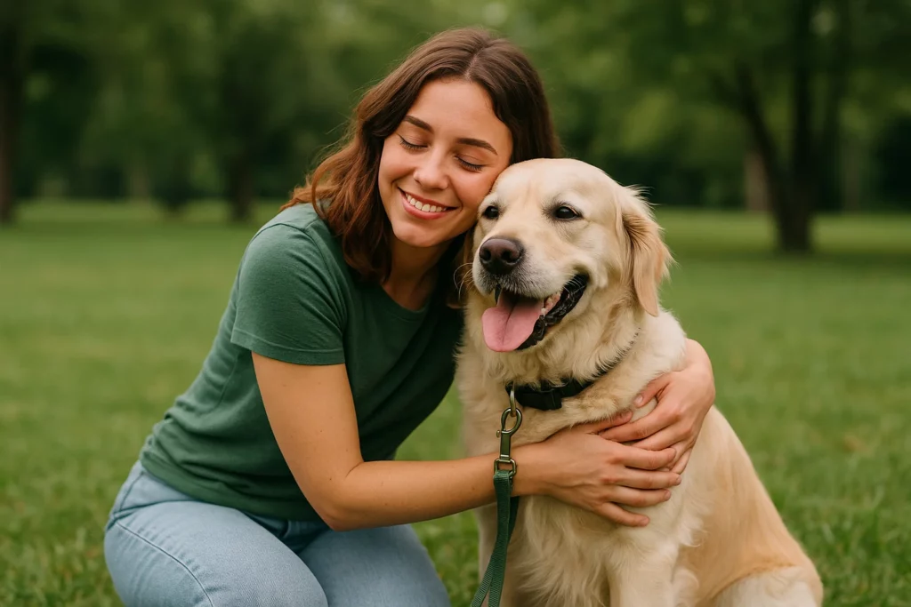 Young woman smiling and hugging a happy golden retriever in a green park, both looking content during a dog-walking session.