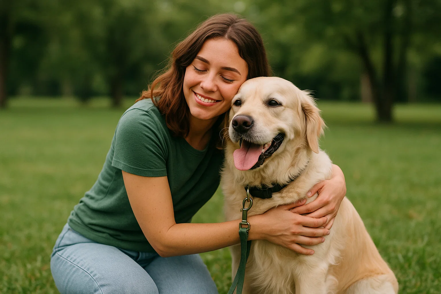 Young woman smiling and hugging a happy golden retriever in a green park, both looking content during a dog-walking session.