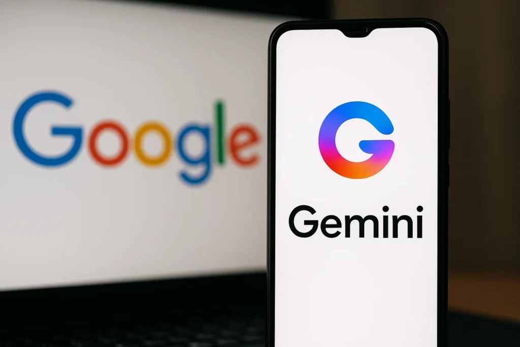Smartphone screen displaying the Google Gemini logo in vibrant colors, with the blurred Google logo visible on a computer screen in the background.
