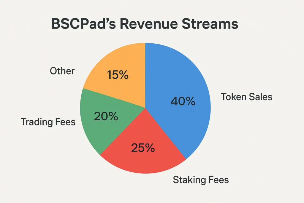 Pie chart illustrating BSCPad’s revenue streams, showing 40% from Token Sales, 25% from Staking Fees, 20% from Trading Fees, and 15% from Other sources.