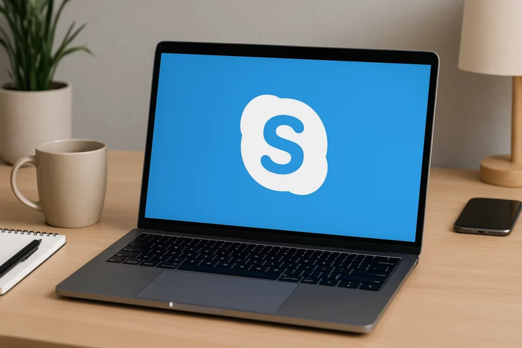 Laptop on wooden desk displaying Skype logo on screen