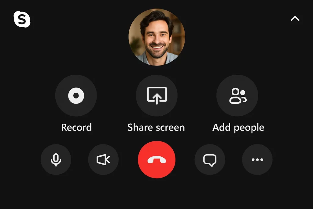 Skype in-call interface showing options to record, share screen, add people, mute/unmute microphone, turn video on/off, end call, open chat, and access more settings, with a participant's profile picture visible at the top.