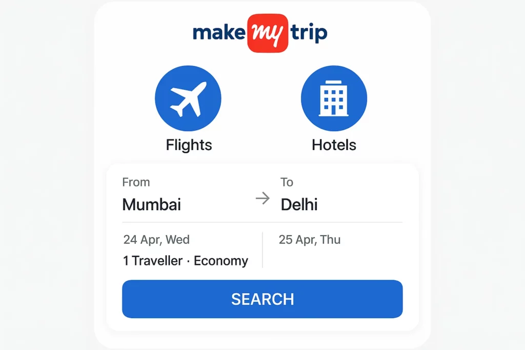 Flight and hotel search interface on the MakeMyTrip app showing a one-way trip from Mumbai to Delhi for one traveller in economy class, with departure and return dates, and a blue 'Search' button below.