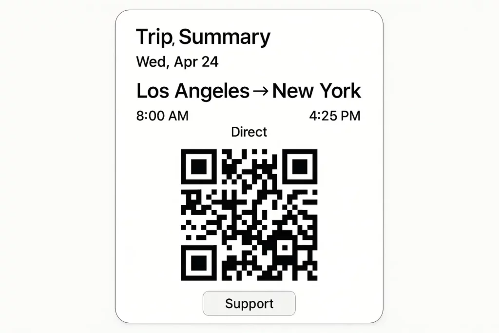 Digital trip summary card showing a flight from Los Angeles to New York on Wednesday, April 24, with departure at 8:00 AM and arrival at 4:25 PM. The card includes a QR code labeled “Direct” and a “Support” button at the bottom.