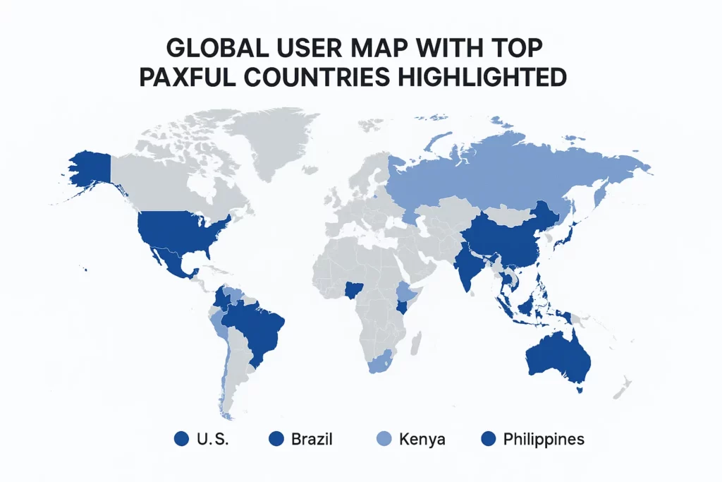 World map titled “Global User Map with Top Paxful Countries Highlighted,” showing countries like the U.S., Brazil, Kenya, and the Philippines in various shades of blue to represent high user activity on the Paxful platform.
