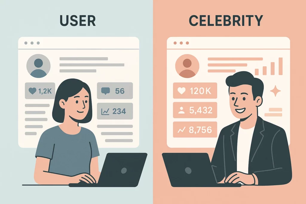 Side-by-side illustration comparing a regular user and a celebrity on social media platforms. The user has modest engagement metrics, while the celebrity’s profile displays significantly higher likes, followers, and analytics on a more vibrant interface.