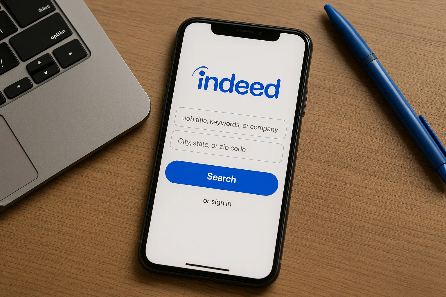 Smartphone displaying the Indeed job search app with input fields for job title and location, and a blue "Search" button. A laptop and pen are visible on a wooden desk.