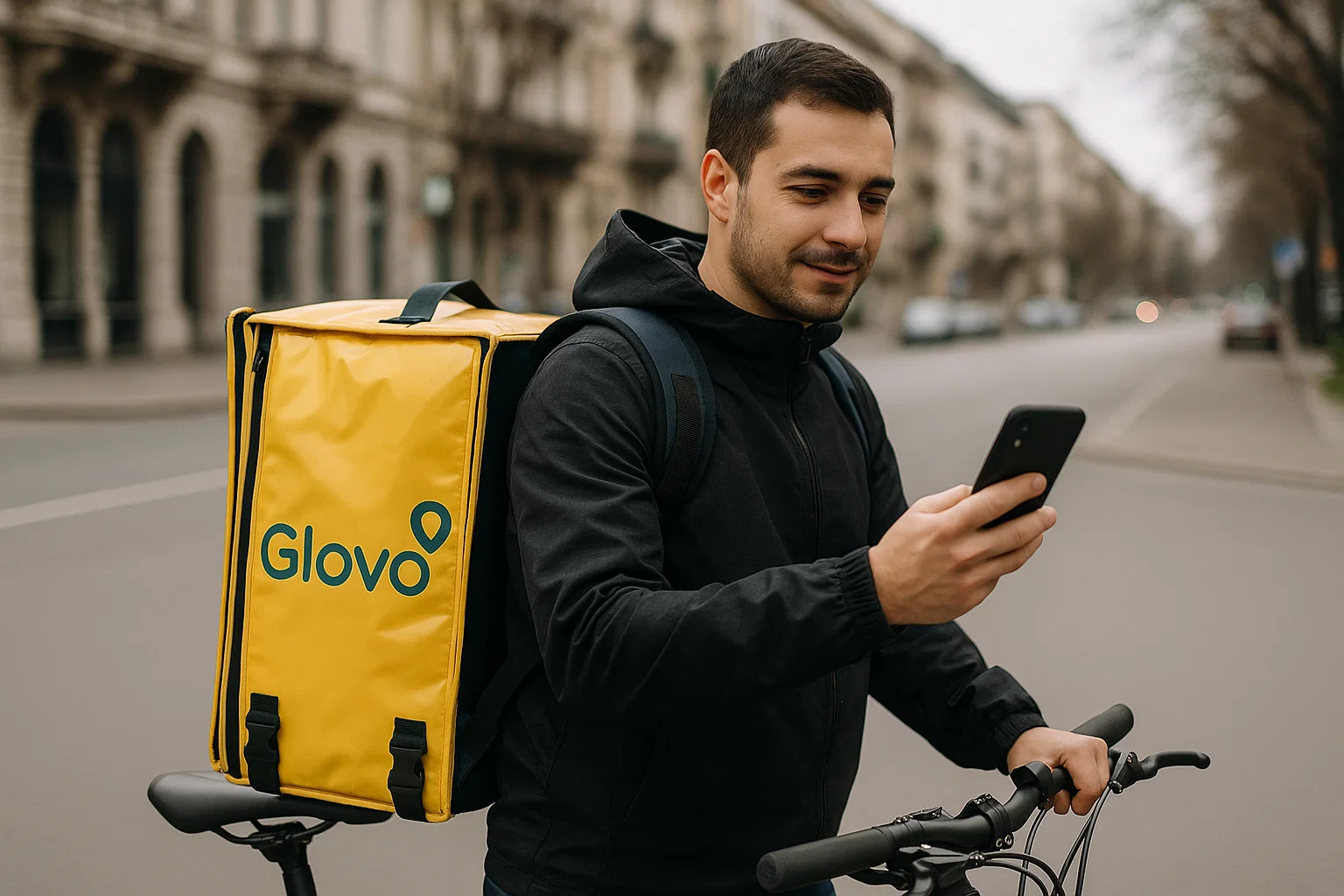 A Glovo delivery rider wearing a black hoodie checks his smartphone while holding a bicycle on a city street, with a large yellow Glovo delivery backpack.