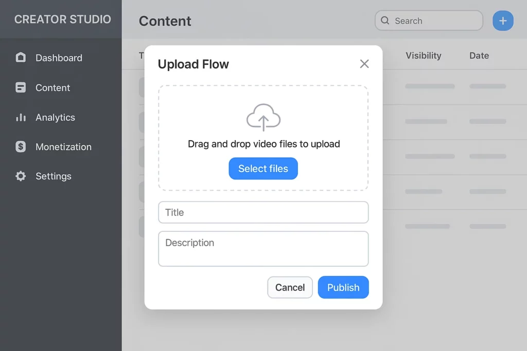 Video upload interface from a Creator Studio dashboard showing an "Upload Flow" popup with options to drag and drop files, enter a title and description, and buttons to "Cancel" or "Publish."