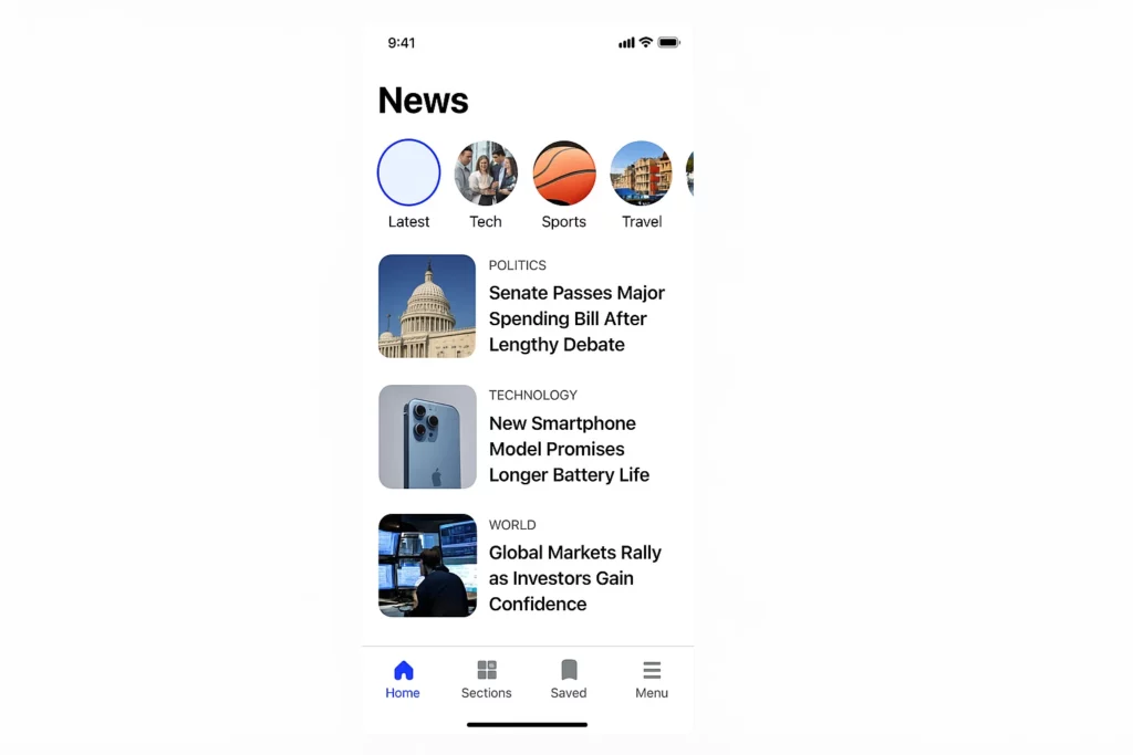 Mobile news app interface showing categories like Latest, Tech, Sports, and Travel at the top, followed by article previews in Politics, Technology, and World sections with images and headlines.