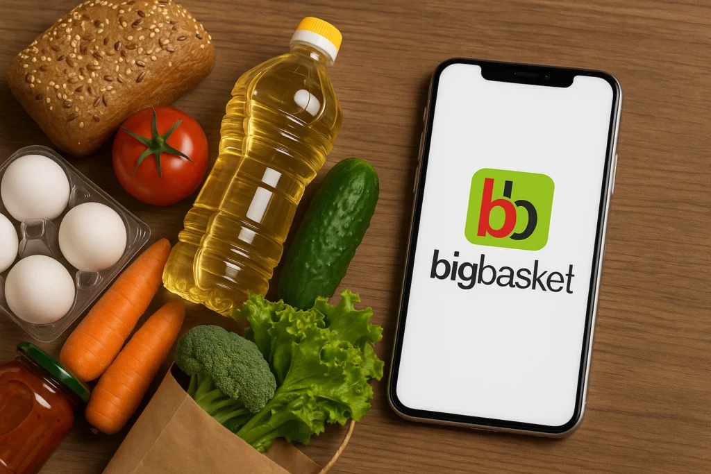 Smartphone displaying the BigBasket app logo on-screen, placed beside various groceries including bread, eggs, carrots, tomato, cooking oil, and green vegetables on a wooden surface.