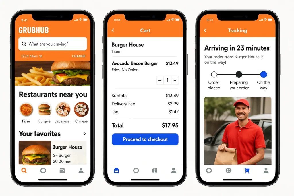 Three smartphone screens displaying the Grubhub food delivery app: the first screen shows a search bar and nearby restaurants by cuisine, the second screen shows the cart with itemized order total, and the third screen shows delivery tracking with the status "On the way" and a delivery person image.