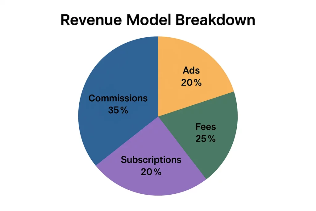 Pie chart titled "Revenue Model Breakdown" showing the distribution of revenue sources: Commissions (35%), Fees (25%), Subscriptions (20%), and Ads (20%).
