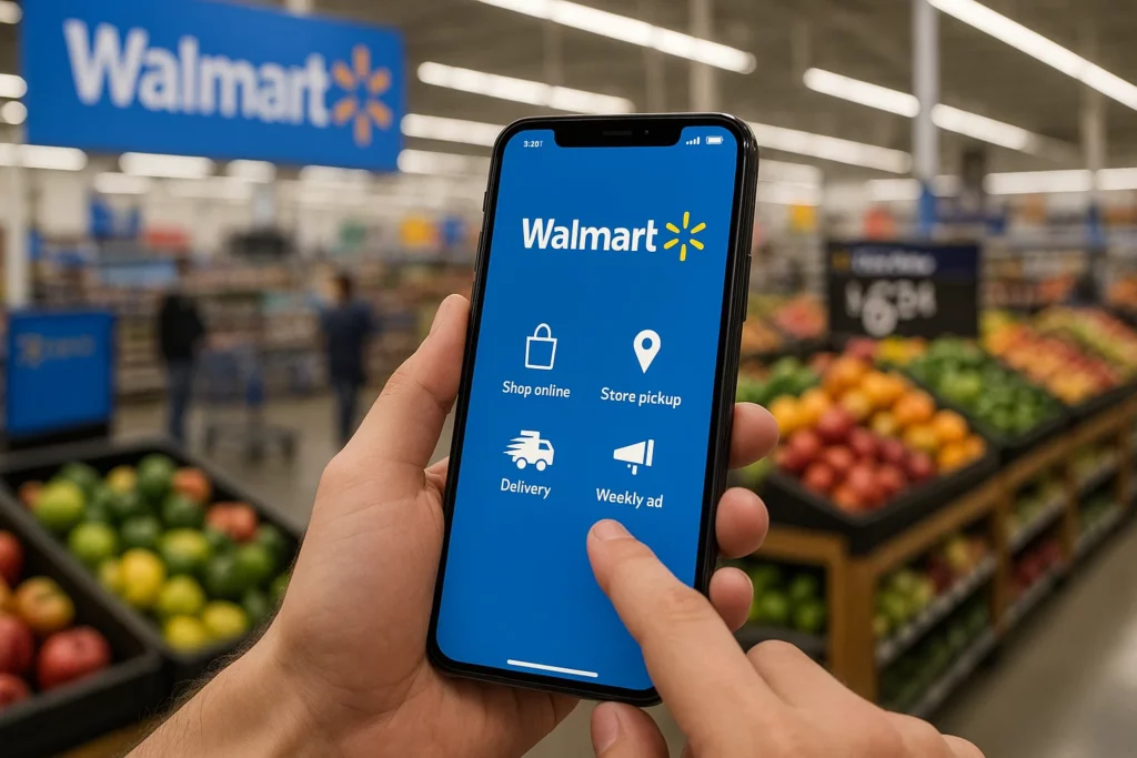 A hand holding a smartphone displaying the Walmart app home screen with four options: Shop online, Store pickup, Delivery, and Weekly ad. The background shows a produce section inside a Walmart store.