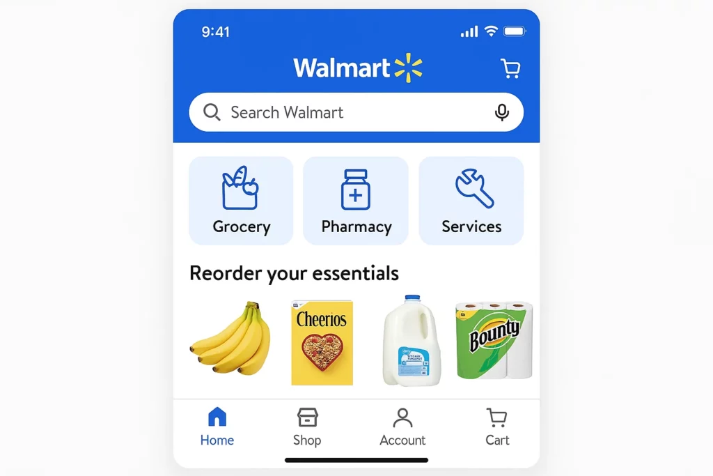 Mobile screen showing the Walmart app interface with search functionality, category options including Grocery, Pharmacy, and Services, and a “Reorder your essentials” section featuring bananas, Cheerios, milk, and Bounty paper towels. Navigation icons for Home, Shop, Account, and Cart appear at the bottom.