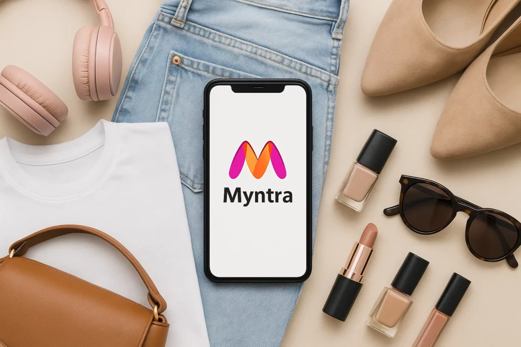 A smartphone displaying the Myntra app logo placed on denim jeans, surrounded by fashion accessories including a white t-shirt, tan handbag, nude lipstick, nail polish, sunglasses, headphones, and beige heels.