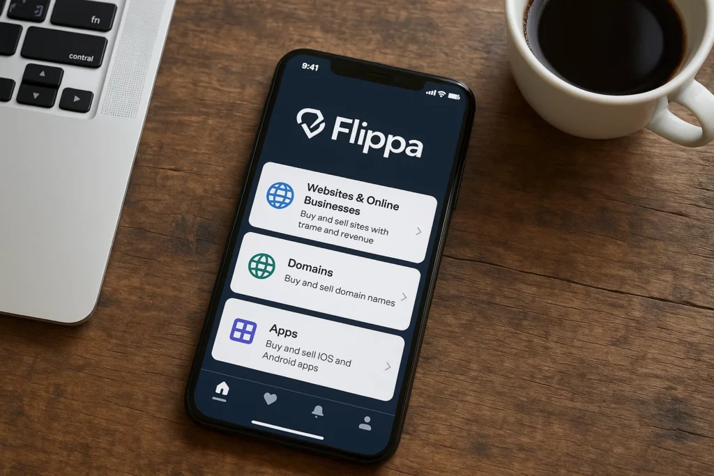 Smartphone displaying the Flippa app interface, showing options to buy and sell websites, domains, and apps, placed beside a laptop and a cup of coffee on a wooden desk.
