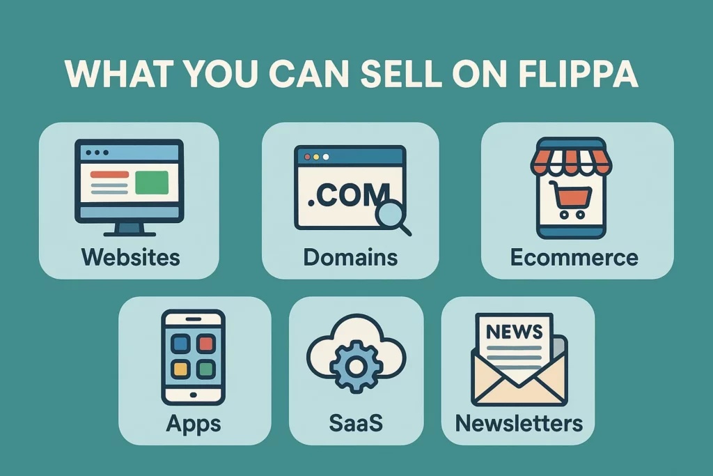 Infographic titled "What You Can Sell on Flippa" displaying six categories: Websites, Domains, Ecommerce, Apps, SaaS, and Newsletters, each represented with matching icons on a teal background.