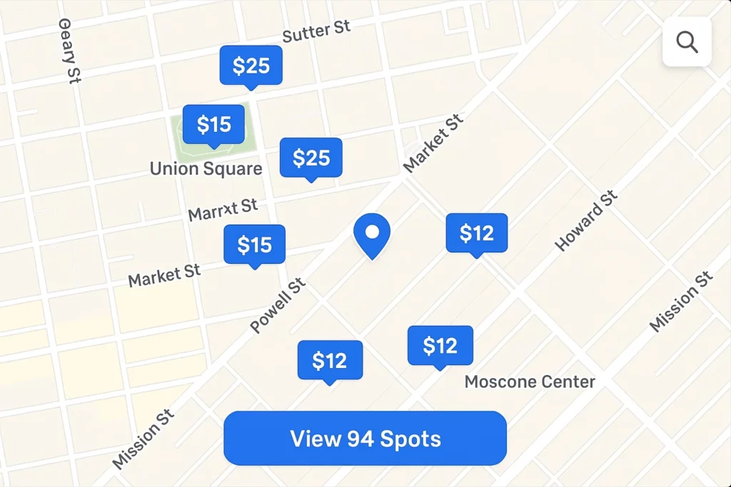 Map interface showing parking spot prices ranging from $12 to $25 near Union Square and Moscone Center, with a blue location pin and a “View 94 Spots” button at the bottom.