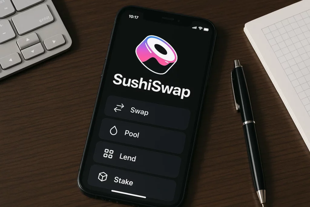 Smartphone displaying the SushiSwap app interface with options for Swap, Pool, Lend, and Stake, placed on a wooden desk next to a keyboard, notebook, and pen.