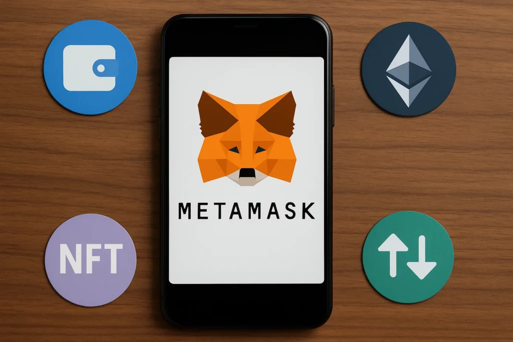 Smartphone displaying MetaMask logo with crypto-related icons like Ethereum, NFT, wallet, and transaction arrows on a wooden table.