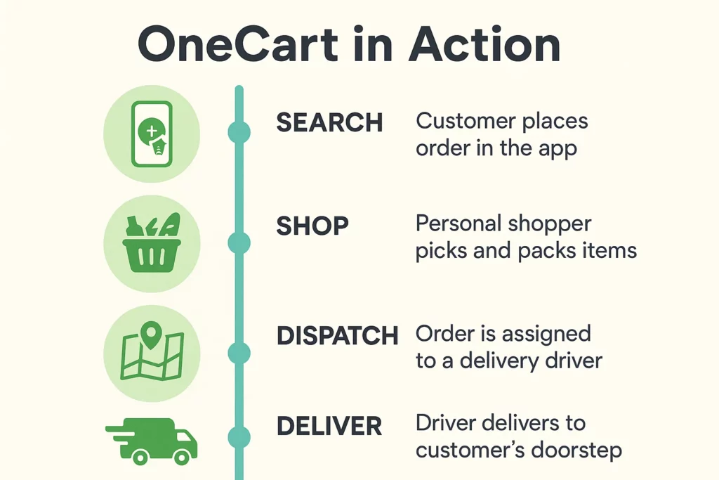 Infographic titled “OneCart in Action” showing four key steps in the grocery delivery process: Search (customer places order in the app), Shop (personal shopper picks and packs items), Dispatch (order is assigned to a delivery driver), and Deliver (driver delivers to customer’s doorstep), with icons representing each stage.
