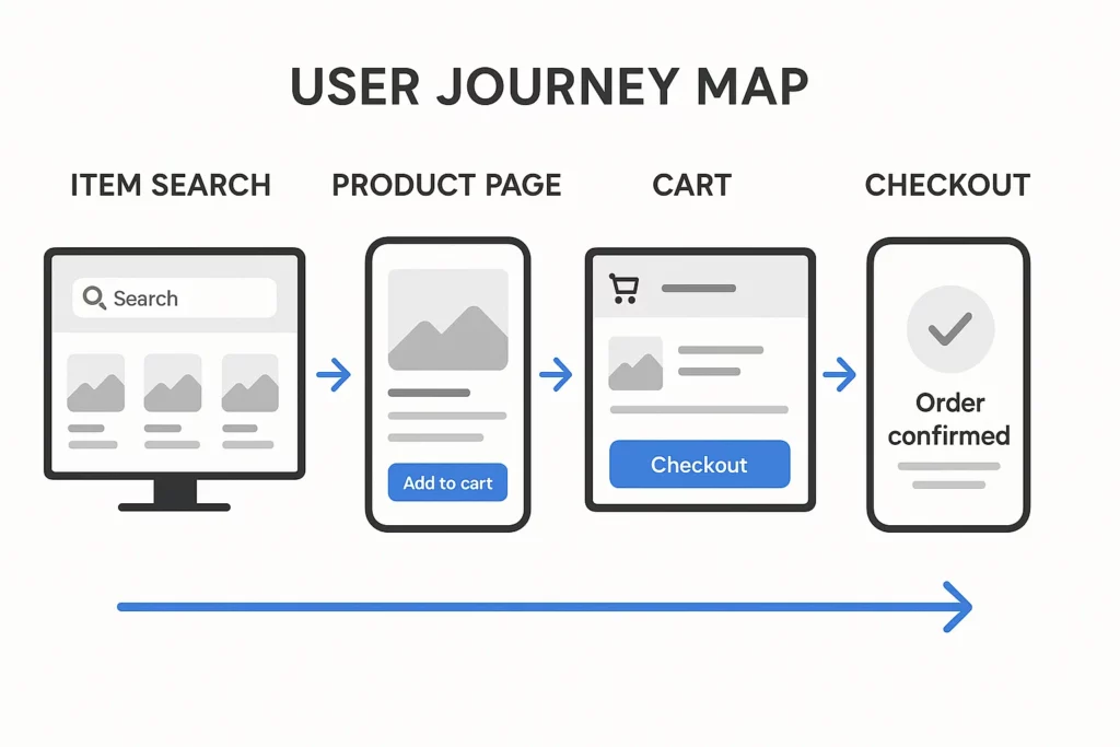 User journey map illustration showing four steps in an eCommerce purchase flow: item search on a desktop screen, product page with "Add to cart" button on mobile, cart page with a "Checkout" button, and final checkout screen confirming the order with a checkmark icon. Blue arrows indicate the forward progression.