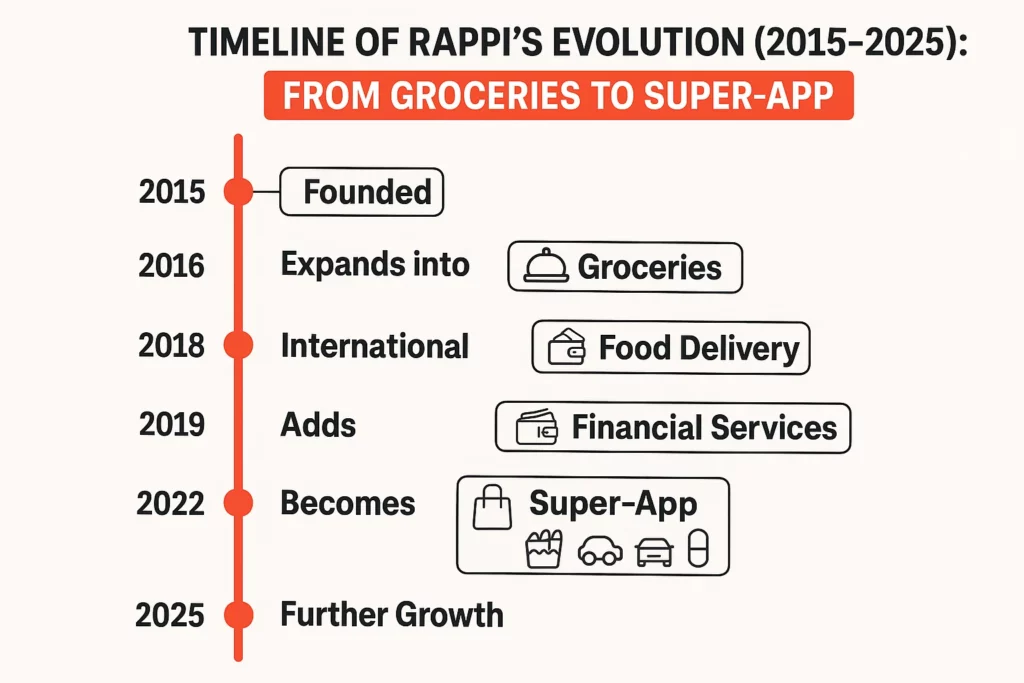 "Timeline of Rappi’s evolution from 2015 to 2025, showing its growth from a grocery delivery startup to a multi-service super-app with financial services, food delivery, and international expansion."