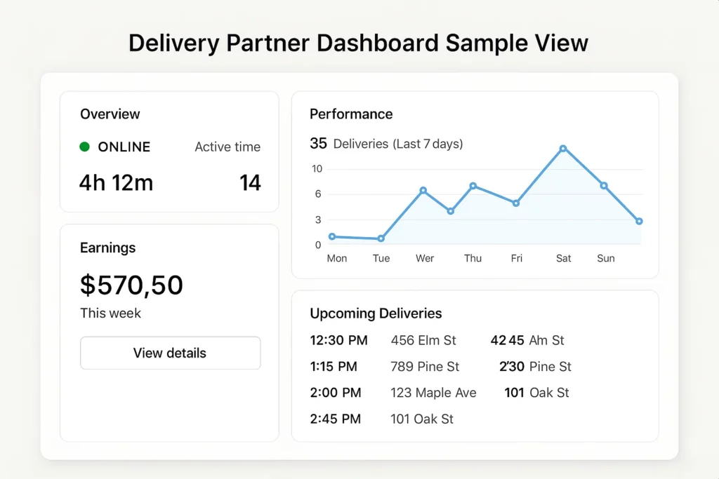 "Sample view of a delivery partner dashboard showing active time, earnings, delivery performance chart over 7 days, and a list of upcoming delivery addresses with scheduled times."