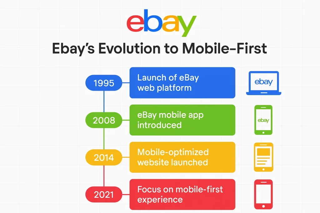 Timeline infographic titled “eBay’s Evolution to Mobile-First” showing key milestones: 1995 - launch of eBay web platform; 2008 - mobile app introduced; 2014 - mobile-optimized website launched; 2021 - shift to mobile-first experience. Accompanied by corresponding device icons for each milestone.