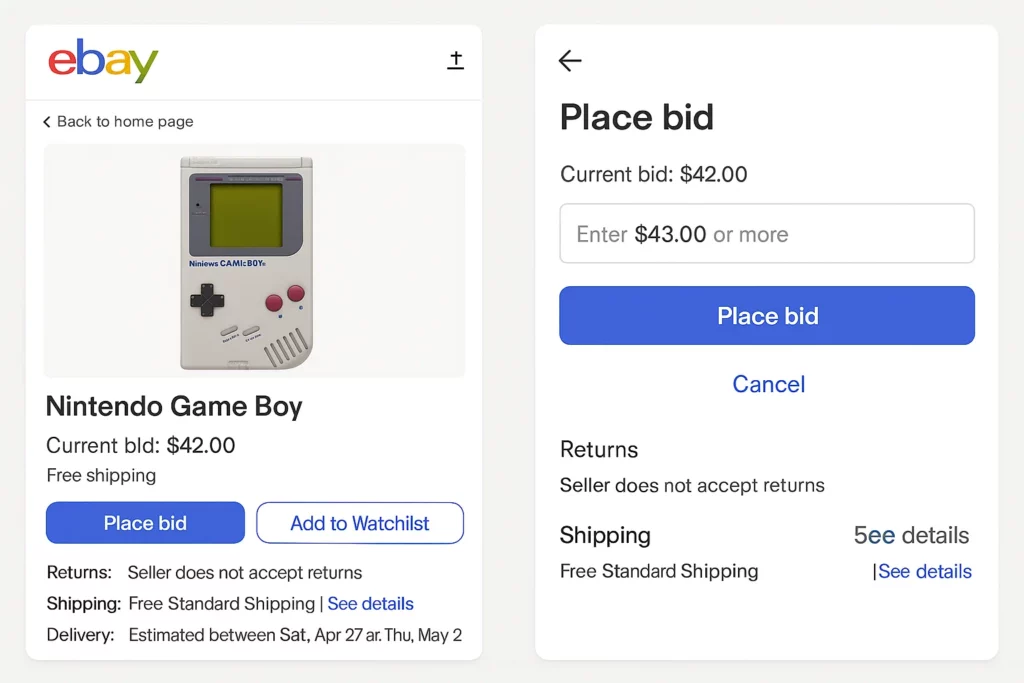 Screenshot of the eBay app showing a product listing for a Nintendo Game Boy with a current bid of $42.00, alongside a bidding interface where users can enter a higher amount and place a bid. The listing includes options to “Place bid” or “Add to Watchlist,” and displays shipping, returns, and delivery details.
