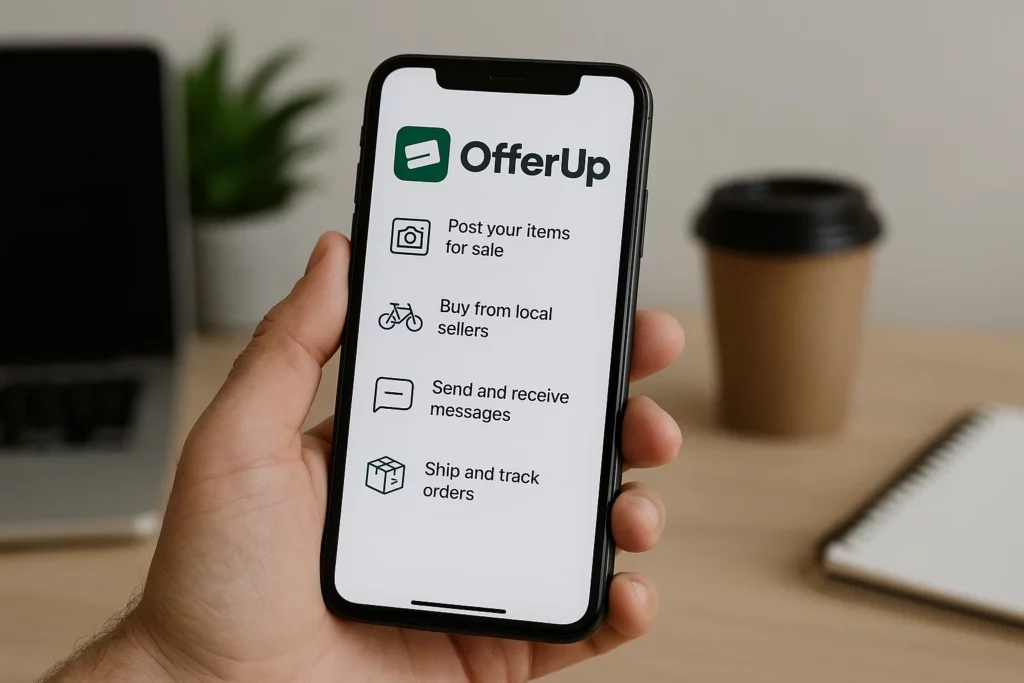 A hand holding a smartphone displaying the OfferUp app interface with options like “Post your items for sale,” “Buy from local sellers,” “Send and receive messages,” and “Ship and track orders.”