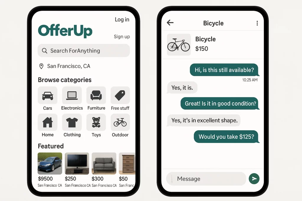 Two smartphone screens displaying the OfferUp app interface. The left screen shows category browsing options such as cars, electronics, and furniture, along with featured item listings. The right screen shows an in-app chat about a bicycle listing, where the buyer negotiates the price with the seller.