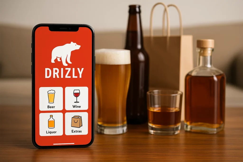 Smartphone displaying the Drizly app interface with icons for beer, wine, liquor, and extras, placed in front of alcoholic beverages including beer, whiskey, and a paper delivery bag on a wooden table.