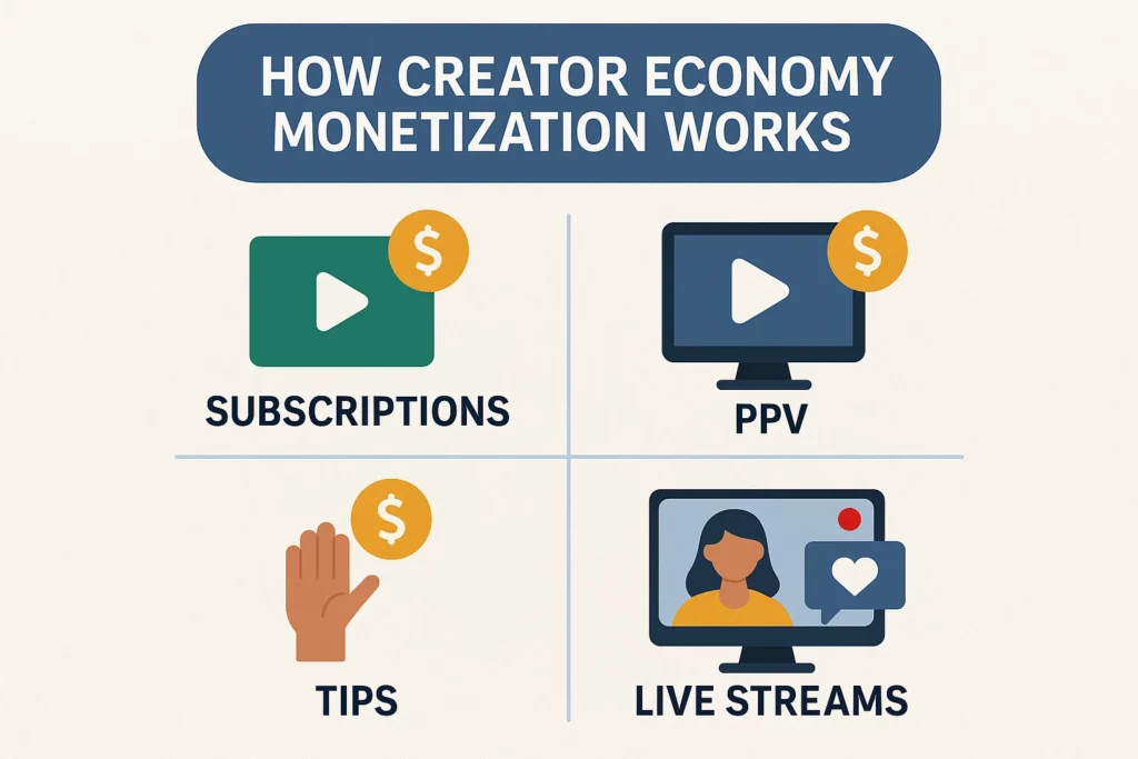Infographic titled "How Creator Economy Monetization Works" featuring four revenue models: Subscriptions, Pay-Per-View (PPV), Tips, and Live Streams, each represented with corresponding icons on a grid layout.