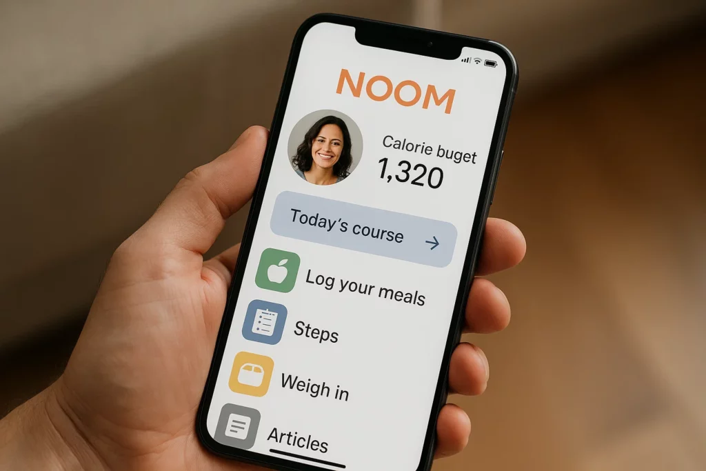 Hand holding a smartphone displaying the Noom app interface with calorie budget, daily course button, and tracking options like meals, steps, weight, and articles.