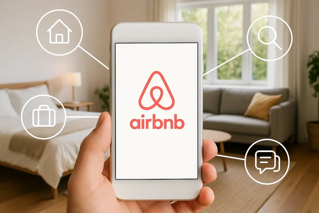 A smartphone displaying the Airbnb logo, held in a modern living room with icon overlays representing home, travel, search, and messaging features.