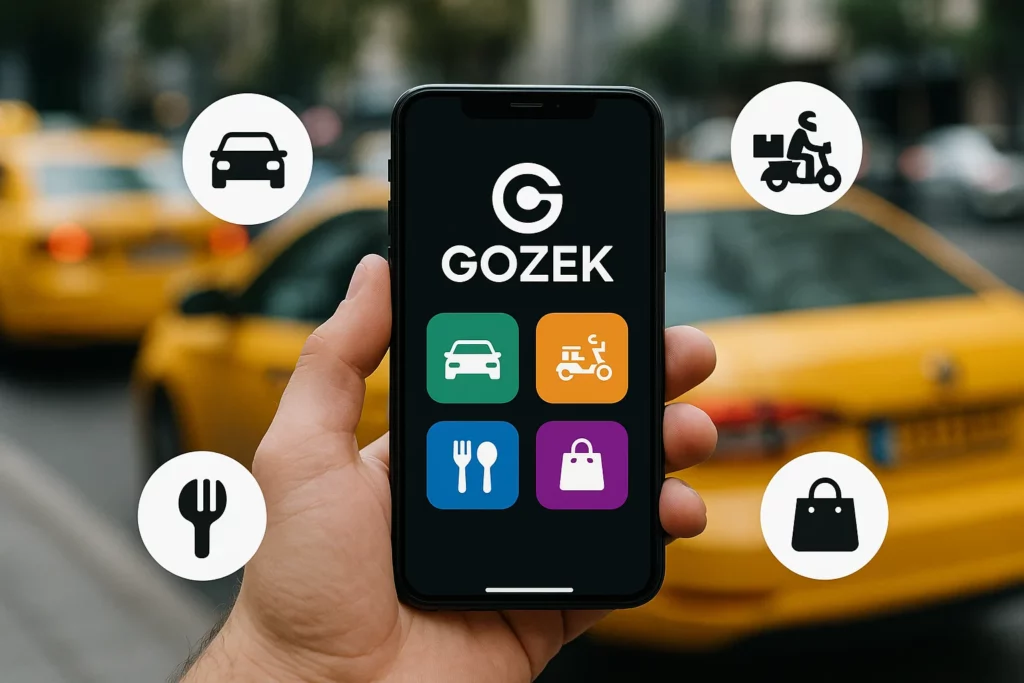 Hand holding a smartphone with the Gozek app open, showing icons for car rides, bike rides, food delivery, and shopping, with yellow taxis in the background.