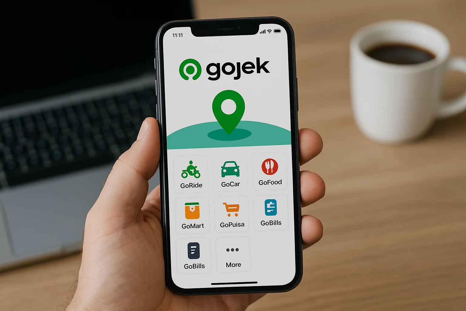 A smartphone screen displaying the Gojek app interface with service icons like GoRide, GoCar, GoFood, GoMart, GoBills, and more.